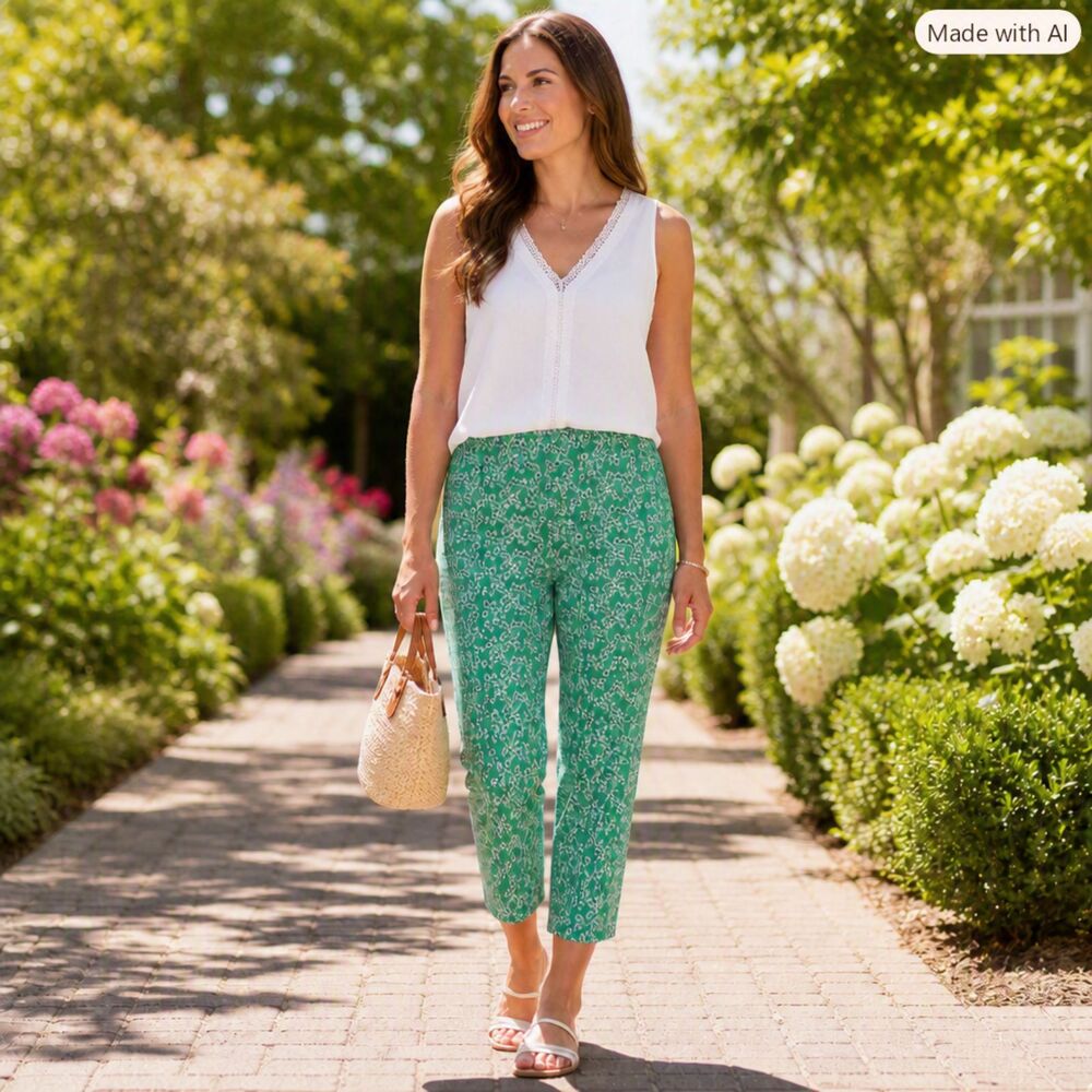 Jules & Leopold Green Floral Cropped Pull‑On Pants – Size SP – Like New